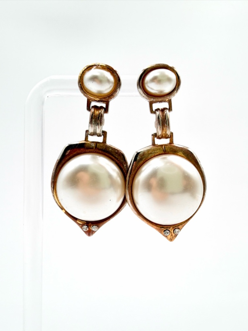 Vintage Faux Pearl Drop Earrings Gold Tone Rhinestone Accent